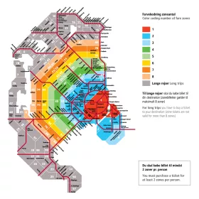 Χάρτης των ζωνών δημόσιων μεταφορών στην Κοπεγχάγη και γύρω από αυτήν